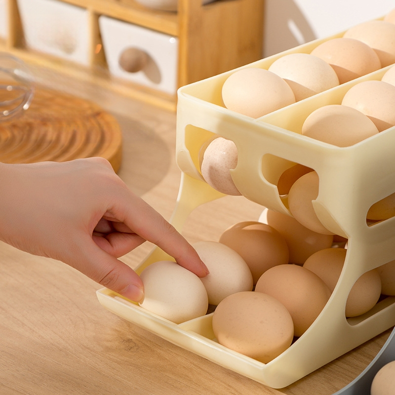 Slenkstinė kiaušinių laikymo dėžutė su trim sluoksniais, dviguba eilė, plastikas, skirtas virtuvės stalviršio naudojimui