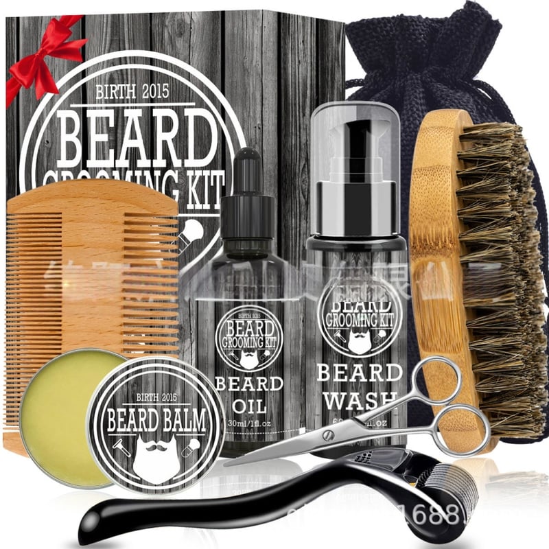 Mahagonio medžio barzdos priežiūros rinkinys - 8 dalių komplektas su medine šukute, barzdos šepetėliu ir barzdos aliejumi