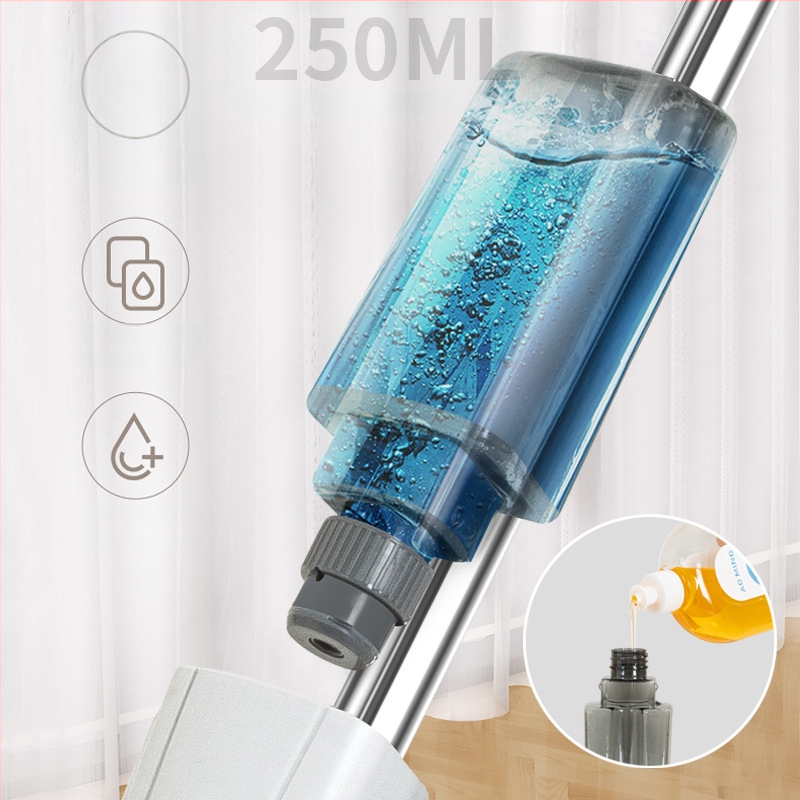 Plokščiomis šluotos mopas su vandens purškimu, superfinio pluošto galvutė, nerūdijančio plieno kotas, teleskopinis ilgis 121 cm, ritinėlis išspaudimo mechanizmas, apkrova 15 kg