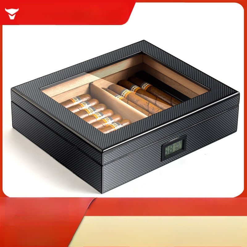 TS200 cedru humidors ar elektronisko displeju un konstantu temperatūru, oglekļa šķiedras cigāru kastīte ar sudraba gravējumu, ietilpība 20 cigāriem, pārnēsājams