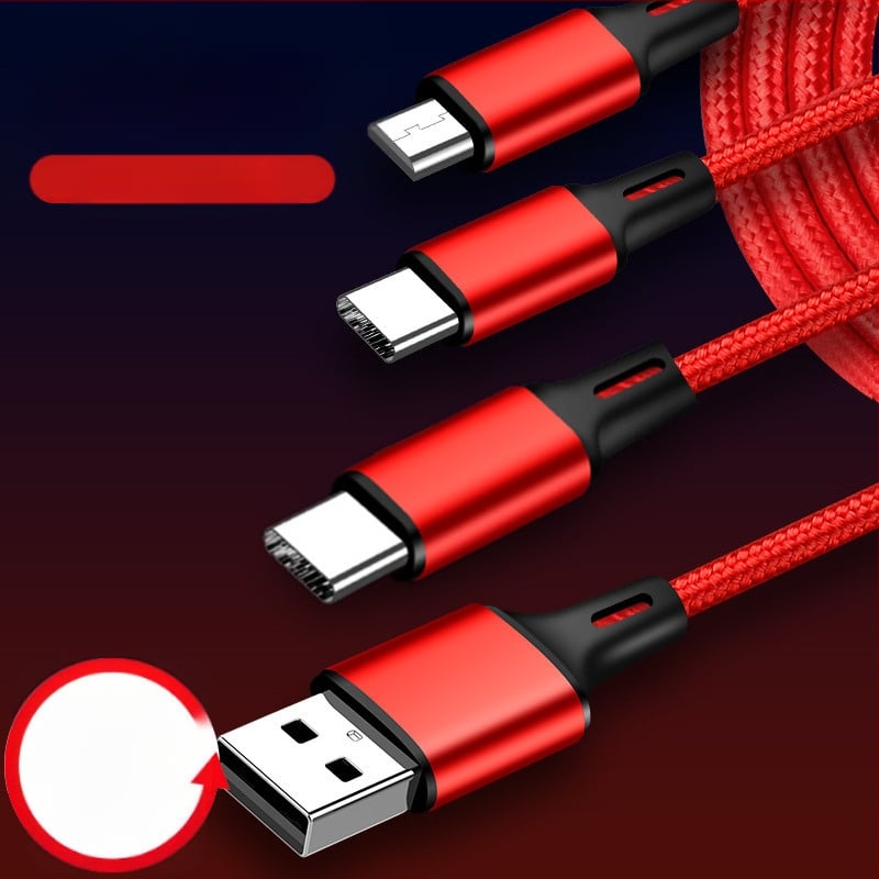 3-u-1 pleteni USB kabel za napajanje i prijenos podataka za Huawei Type-C Android uređaje, brzo punjenje 3A, tri konektora u jednom: USB, 8PIN i Micro USB