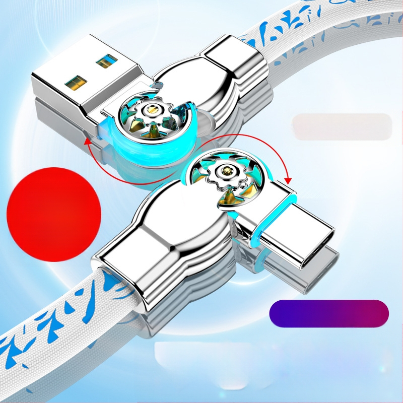 Type-C кабел за бързо зареждане на данни с 3-в-1 интерфейси, завъртащ се лакът, оплетен кабел, дължина 1–2 м