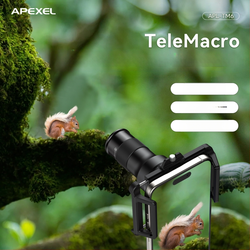 APEXEL TM6 išmaniojo telefono telefoto makro objektyvas, 6x didinimas, 2-in-1 telefoto makro, suderinamas su 99% išmaniųjų telefonų modelių (Apple, Oppo, OnePlus, Samsung, Huawei, Honor, Xiaomi); svoris 131 g.