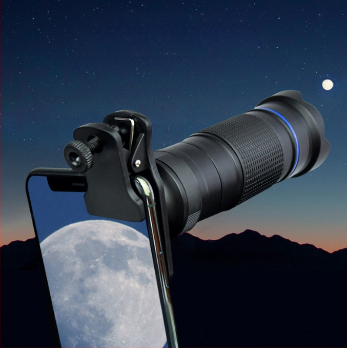 Monokulinis teleskopas mobiliam telefonui, 36× didinimas, 4 mm išeinantis vyzdžio skersmuo, 2,6° matymo laukas, 1080p raiška