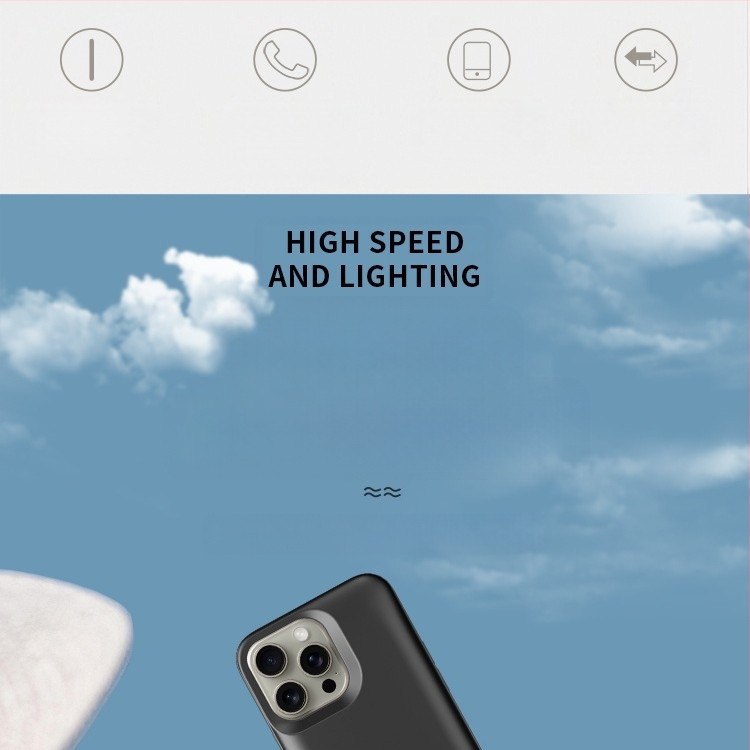 Powerbank dėklas iPhone 16 Pro Max ir iPhone 15 Plus, ličio polimerų baterija 6000mAh, QC2.0, įvestis 5V, išvestis 10W