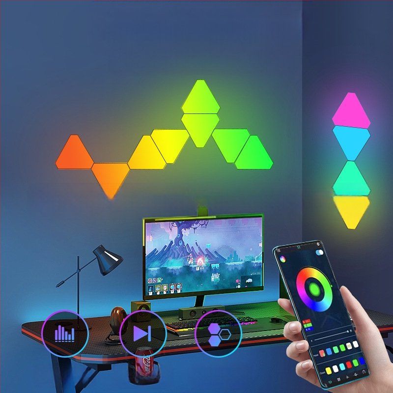 Триъгълен квантов атмосферен светлинен панел за игри — управление чрез приложение, USB 5V захранване, монтаж на стена чрез вакуумно закрепване, изтриване на околен светлинен ефект, поддръжка за персонализация