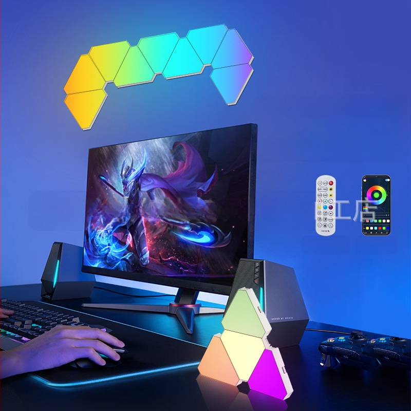 Триъгълен квантов атмосферен светлинен панел за игри — управление чрез приложение, USB 5V захранване, монтаж на стена чрез вакуумно закрепване, изтриване на околен светлинен ефект, поддръжка за персонализация