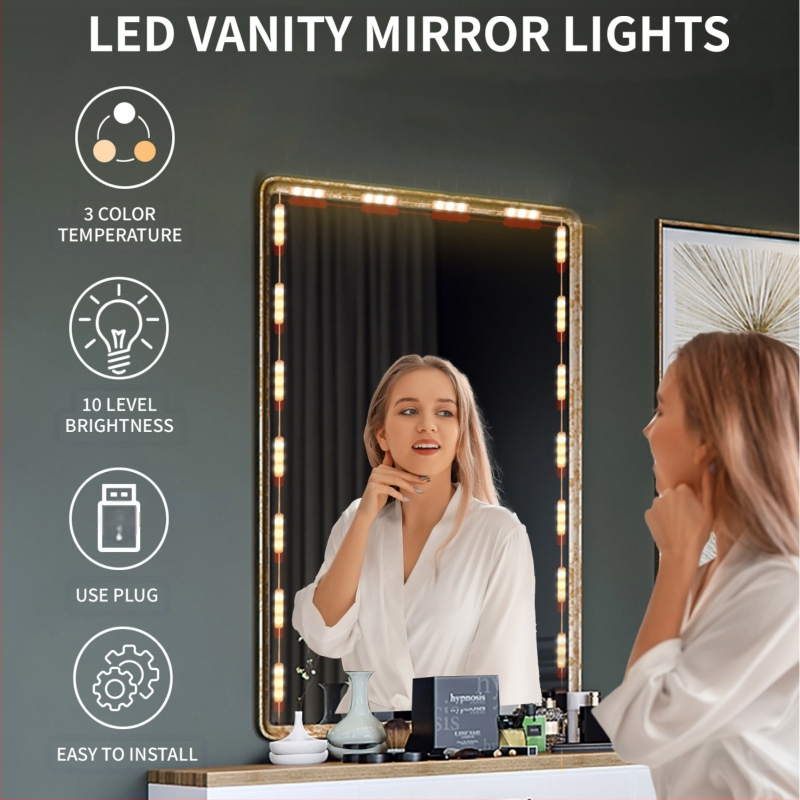 MZ-18 LED огледало с осветление за грим — електронен трансформатор, ≤36V, бутонен превключвател, подходящо за грим, баня, гардероб и студио