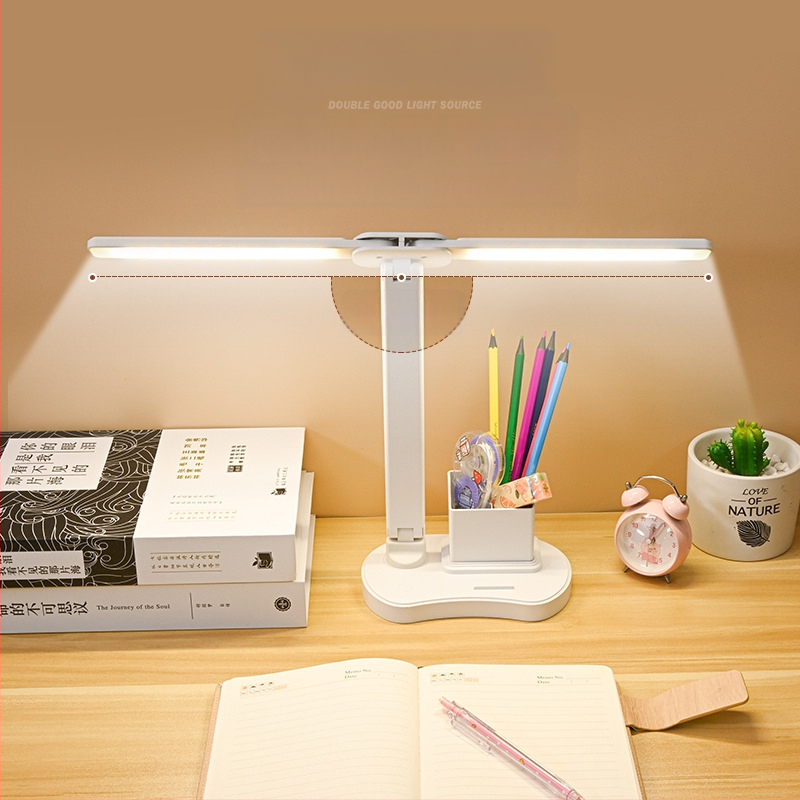 Kétfejű LED asztali lámpa USB töltéssel, összecsukható olvasáshoz, hangvezérlés, beépített Li-ion akkumulátor