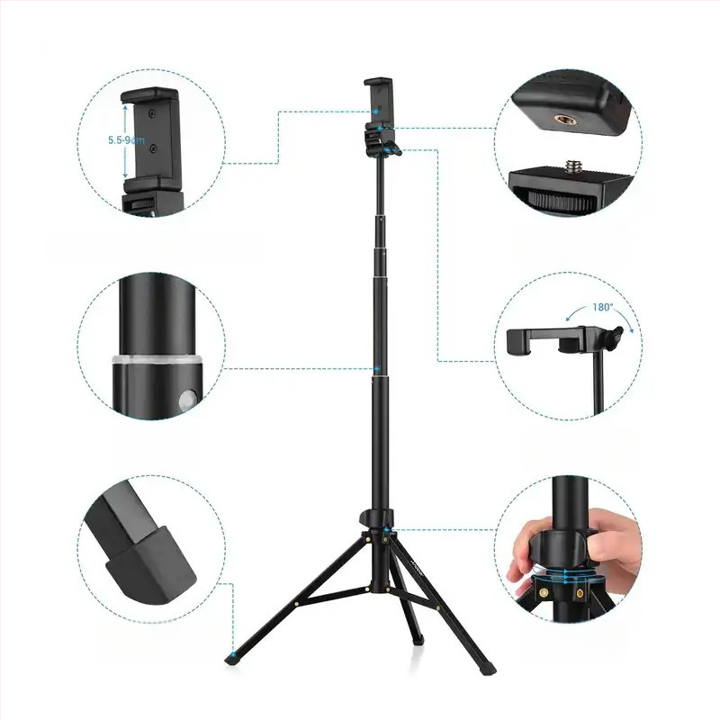 Τρίποδο δαπέδου για κινητό τηλέφωνο και tablet με φως φωτογράφισης (Υλικό: κράμα αλουμινίου; Φορτίο: έως 2 kg; Τύπος PTZ: τρισδιάστατος γυροσκοπικός σταθεροποιητής; Αριθμός τμημάτων: 5; Ρυθμιζόμενο ύψος)