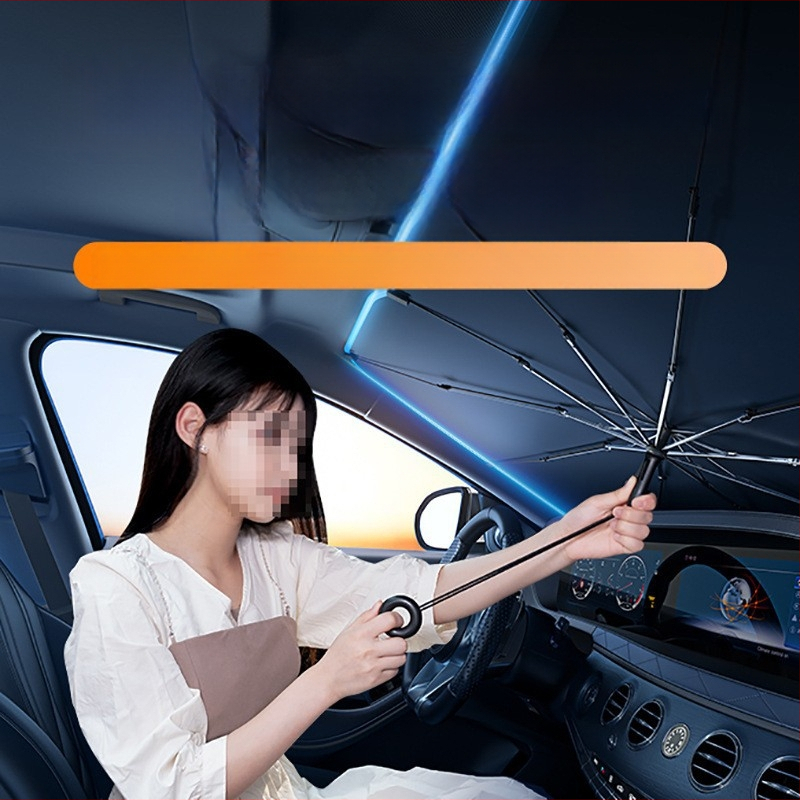 Teleskopinis automobilių skėtis nuo saulės priekinio stiklo, titano sidabro audinys, logotipo spauda galima, universalus suderinamumas (Toyota)