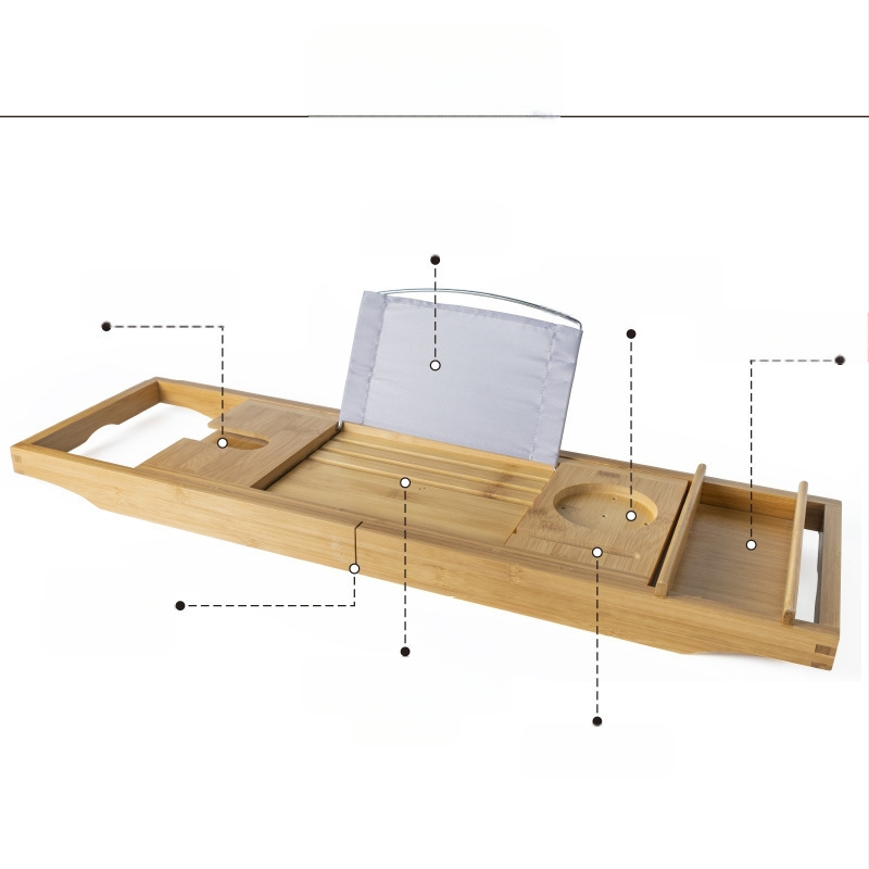 Bambukinis vonios kambario laikiklis su teleskopiniu dizainu, telefono laikiklis ir neslidus pagrindas