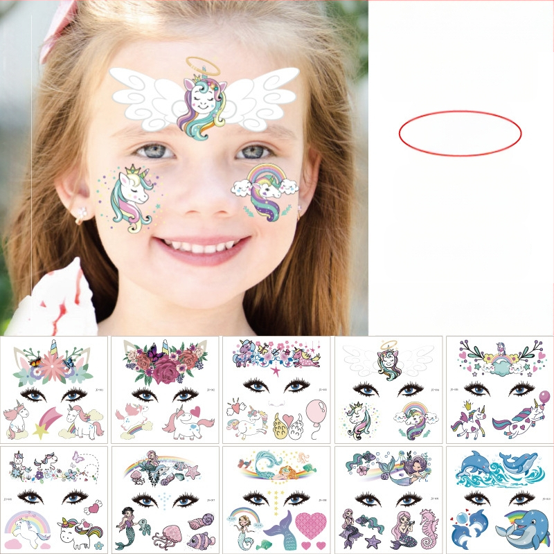 Αυτοκόλλητα τατουάζ προσώπου για παιδιά – σχέδιο γοργόνας και μονόκερου, μεταφορικό αυτοκόλλητο, κρεμαστά διακοσμητικά