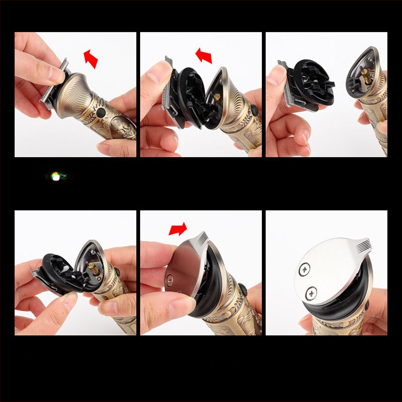 Elektrinis plaukų kirpimo įrenginys 6-1 su vintage graviruotu dizainu, modelis 5618, šepečių variklis, nerūdijančio plieno peiliai, įmontuota baterija 1200–2000 mAh, veikimo laikas 1–3 val