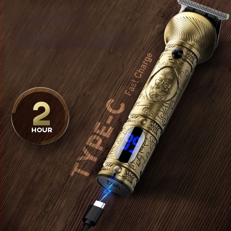 Elektrinis plaukų kirpimo įrenginys 6-1 su vintage graviruotu dizainu, modelis 5618, šepečių variklis, nerūdijančio plieno peiliai, įmontuota baterija 1200–2000 mAh, veikimo laikas 1–3 val