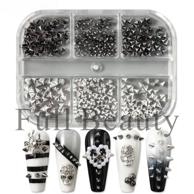 Комплект ривети за маникюр с 6 отделения, куршумовидни ривети, панк стил, метал