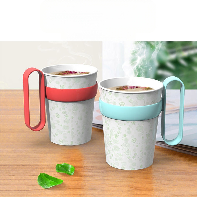 Vienkartinis plastikinis puodelio laikiklis popieriniams puodeliams su šilumine izoliacija ir dideliu rankena