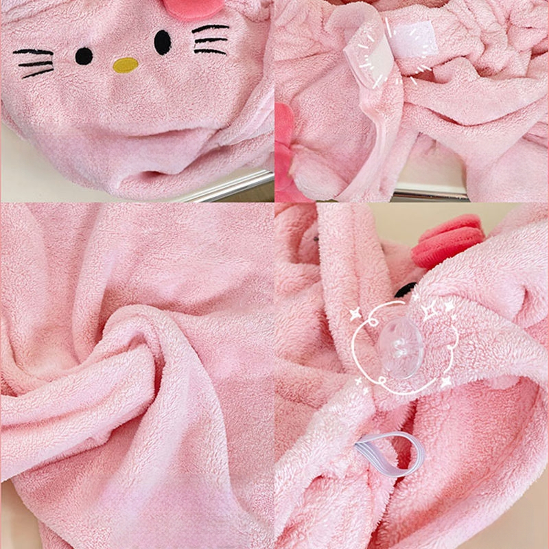 Cartoon katės motyvo koralos fliso chalatas su plaukų džiovintuvo skrybėle, unisex, 350 g, 91–95% poliesterio