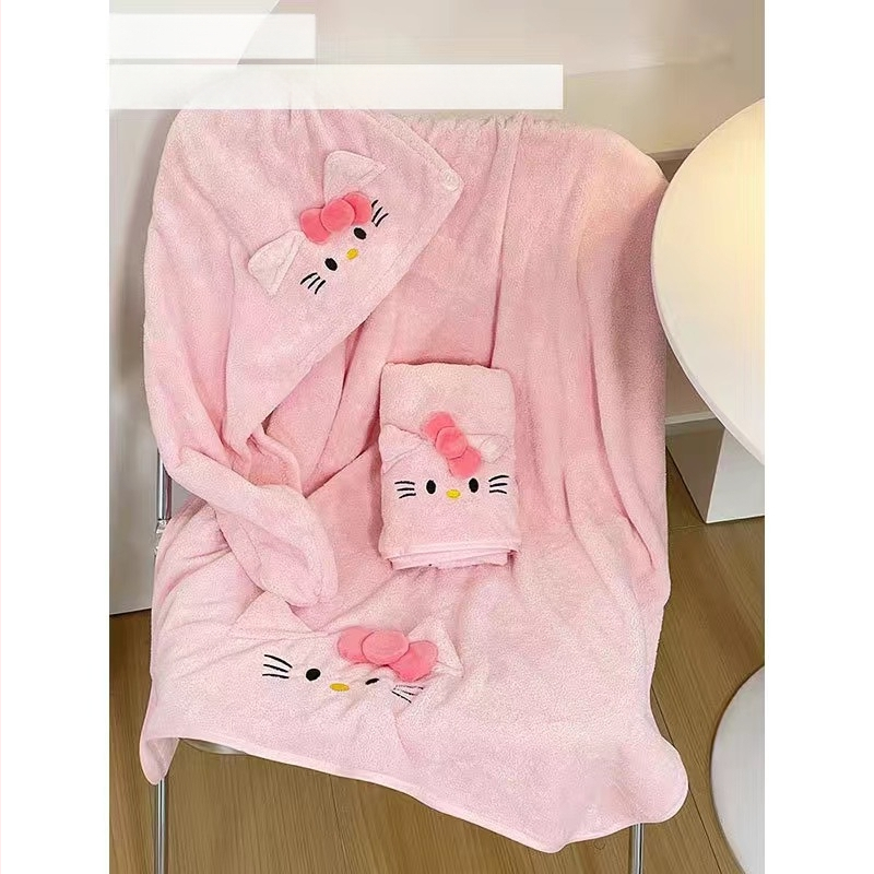 Cartoon katės motyvo koralos fliso chalatas su plaukų džiovintuvo skrybėle, unisex, 350 g, 91–95% poliesterio