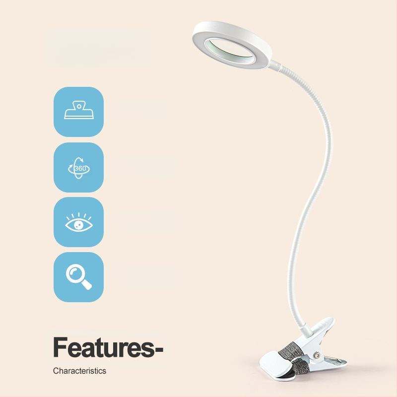 5x nagyítású asztali lámpa USB-tápegységgel, fém clamp, 360°-ban forgatható hajlékony cső, háromszínű világítás és 10 fényerő-szint