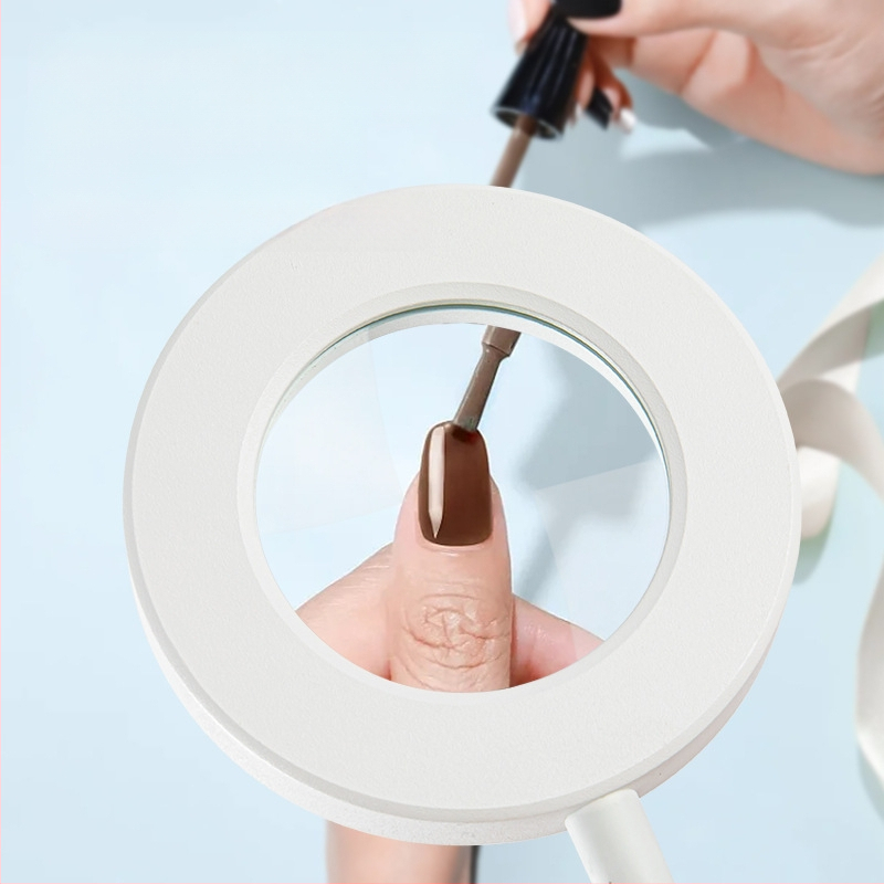 5x nagyítású asztali lámpa USB-tápegységgel, fém clamp, 360°-ban forgatható hajlékony cső, háromszínű világítás és 10 fényerő-szint