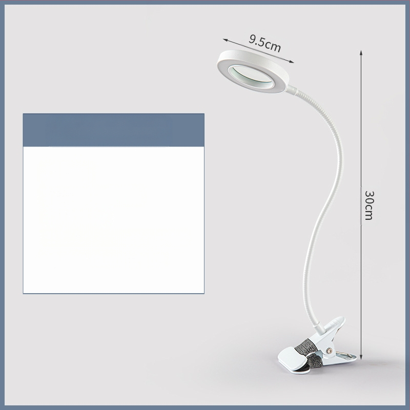 5x nagyítású asztali lámpa USB-tápegységgel, fém clamp, 360°-ban forgatható hajlékony cső, háromszínű világítás és 10 fényerő-szint