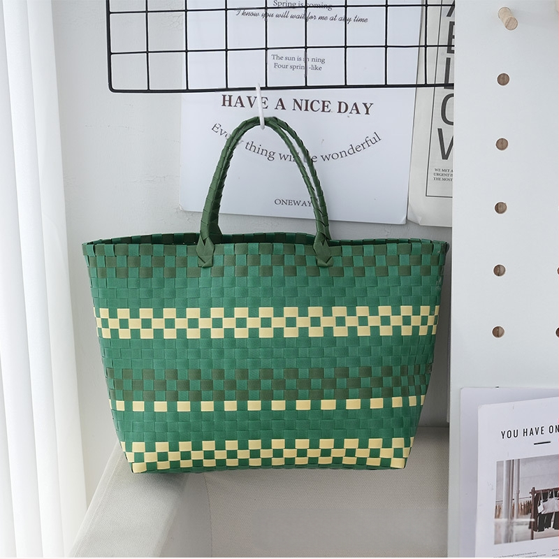 Плетена чанта за носене с открит връх, вертикална квадратна форма, PU подплата – свеж и сладък стил