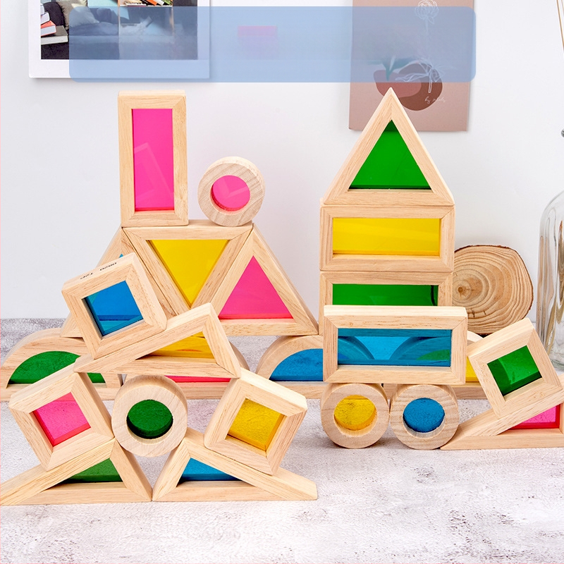 Koka būvbloki no gumijas koka ar akrila varavīksnes detaļām, logotipa personalizācija, bērniem 4–6 gadi, 0–38 gab., 0,95 kg