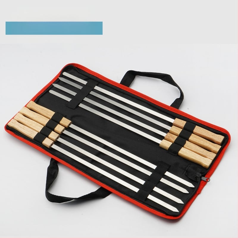 Επίπεκα καλαμάκια ψησίματος από ατσάλι με λαβές από δρυ, επαναχρησιμοποιούμενα, για ψήσιμο αρνιού, με φορητή τσάντα μεταφοράς.