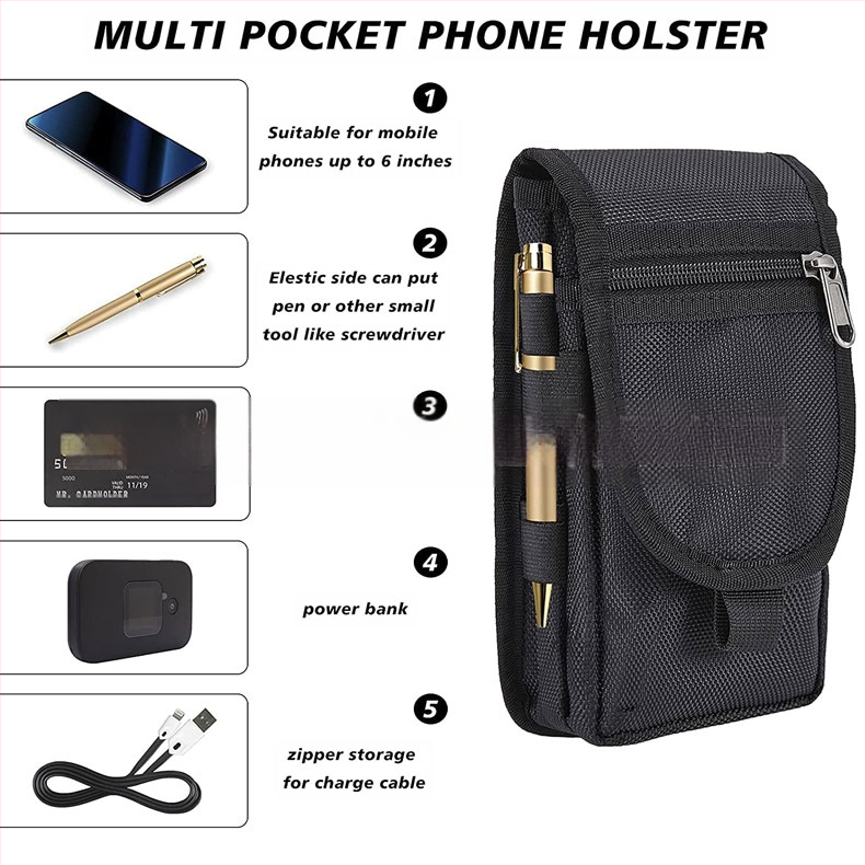 Mobiliojo telefono krepšys su vertikalios kvadrato formos, Oxford audinys, Velcro užsegimas, tamsus tinklo vidus, poliesterio pamušalas