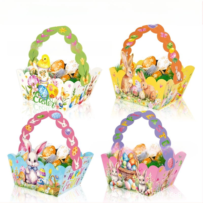 Пасхална кошничка за подарък с зайче DD404 модел, 250 g бял картон, композитни материали, подаръчна опаковка