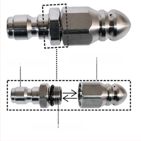 Дюза за отпушване на канализационни тръби, неръждаема стомана, високо налягане, 1/4 бърз монтаж, шест отвора отпред и отзад, 5000 psi