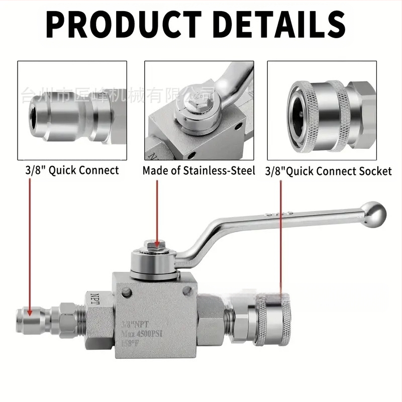 Set kugličnog ventila za visokotlačni čistač, nehrđajući čelik, brzo spajanje 1/4, ručni pogon, 4500 psi