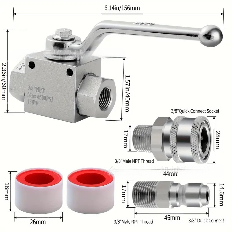 Set kugličnog ventila za visokotlačni čistač, nehrđajući čelik, brzo spajanje 1/4, ručni pogon, 4500 psi