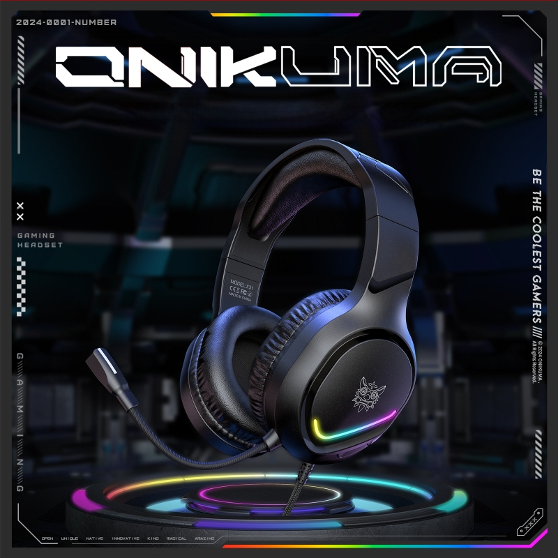 ONIKUMA X31 жично гейминг хедсет – модел X31, марка ONIKUMA, издаден през 2024 г.; комплект съдържа слушалки, ръководство и адаптер