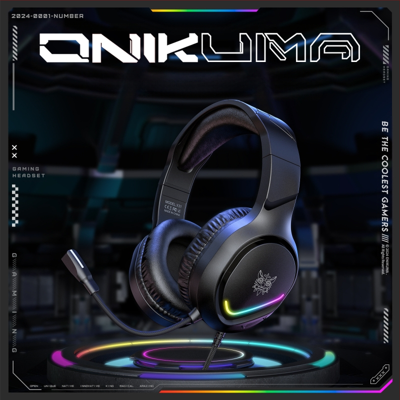 ONIKUMA X31 жично гейминг хедсет – модел X31, марка ONIKUMA, издаден през 2024 г.; комплект съдържа слушалки, ръководство и адаптер