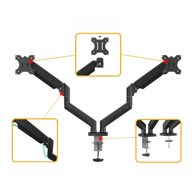 Алуминиева мониторна стойка с двойно рамо и газова пружина, телескопично повдигане и въртене; тегло 3.88 кг