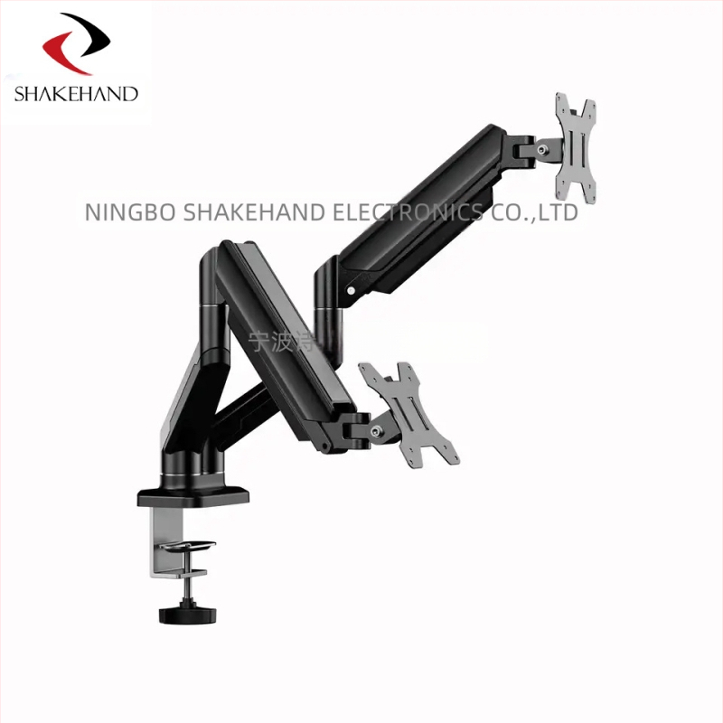 Алуминиева мониторна стойка с двойно рамо и газова пружина, телескопично повдигане и въртене; тегло 3.88 кг