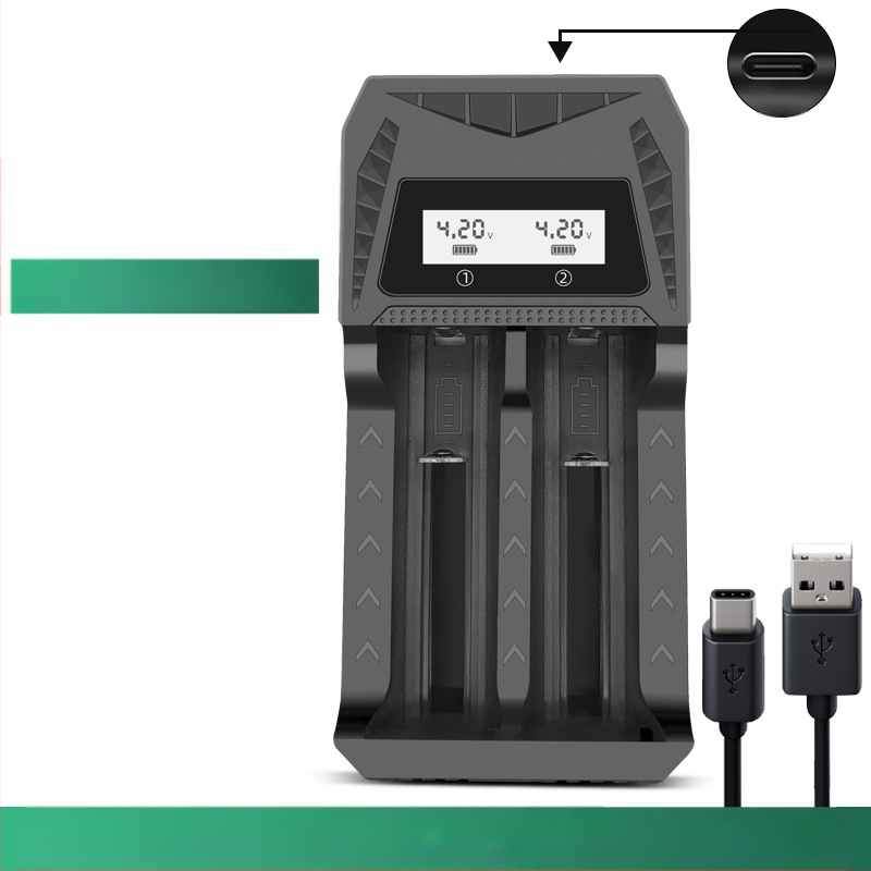 Двоен USB зарядно устройство за батерии с USB Type-C интерфейс, интелигентно зареждане за AA/AAA и батерии 18650/26650/21700/14500/16340/18500/16650; вход DC5.0V; изходи 4.2V 1A и 1.2V 1A.