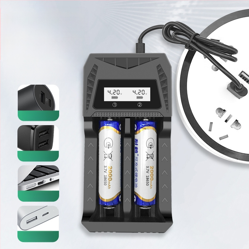 Двоен USB зарядно устройство за батерии с USB Type-C интерфейс, интелигентно зареждане за AA/AAA и батерии 18650/26650/21700/14500/16340/18500/16650; вход DC5.0V; изходи 4.2V 1A и 1.2V 1A.