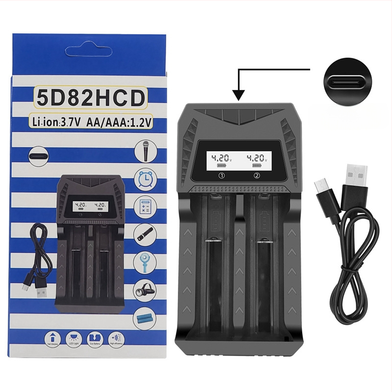 Двоен USB зарядно устройство за батерии с USB Type-C интерфейс, интелигентно зареждане за AA/AAA и батерии 18650/26650/21700/14500/16340/18500/16650; вход DC5.0V; изходи 4.2V 1A и 1.2V 1A.