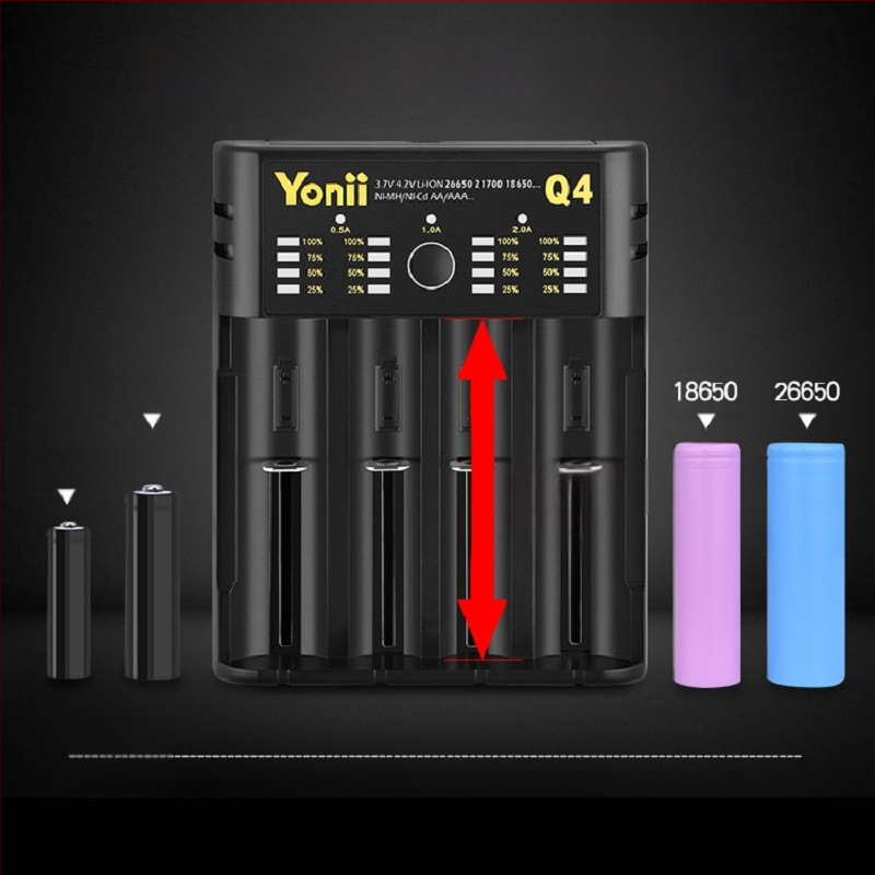 4-слотов независим USB зарядник за литиев батерии 18650/21700/26650 — вход 5V2A, изходи на всеки слот 4.2V (2A/1A/0.5A/0.5A), серия Q4, CE/FCC/ROHS