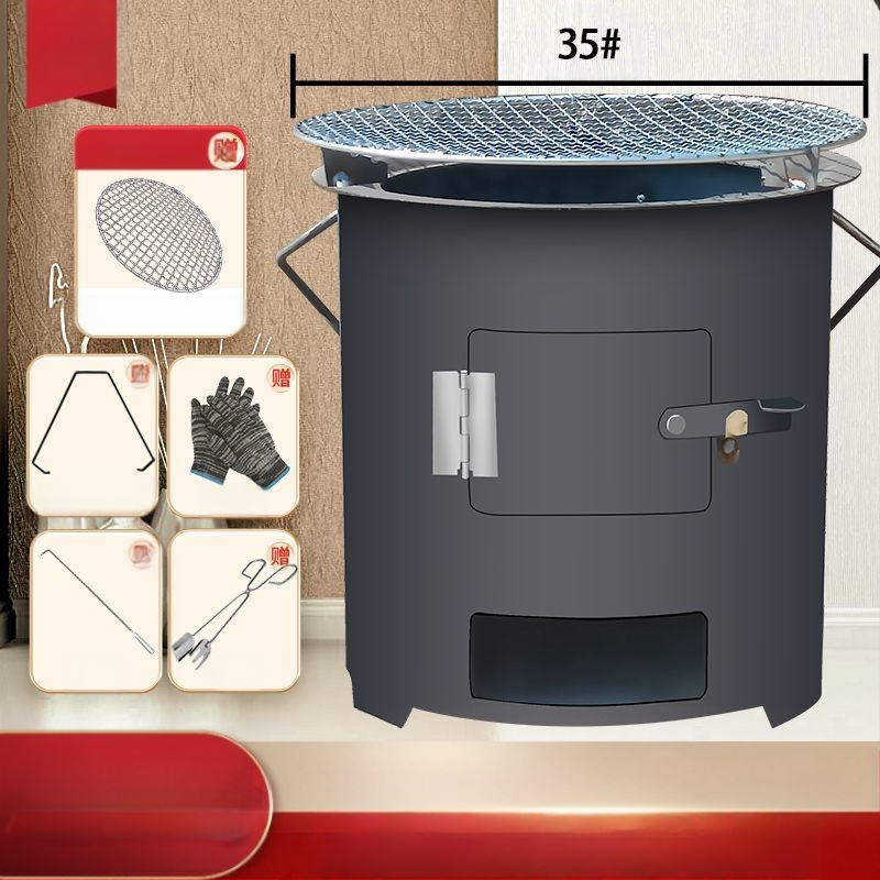 Dzelzs ogļu krāsns ar apaļu dizainu ārējai lietošanai – Daudzfunkcionāla gatavošana tējas vārīšanai, rīsu vārīšanai un grilēšanai