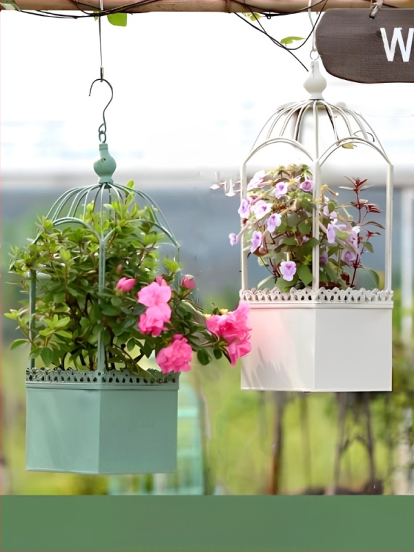 Lauko pakabinamas gėlių krepšys iš kalvio plieno, dekoratyvinis augalų laikiklis sodui ir balkonui