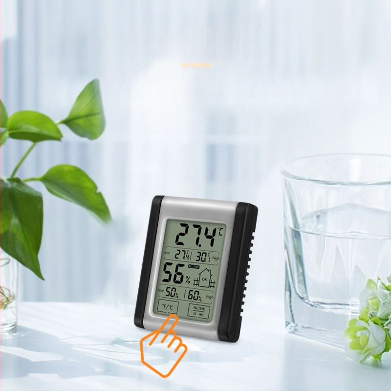 Elektroninis termometras-higrometras su jutikliniu mygtuku — vidaus naudojimui, CR2032 baterija