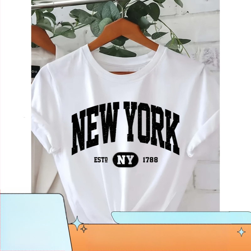 Тениска New York с принт на букви, кръгло деколте, къс ръкав, памук със смес от полиестер и еластан