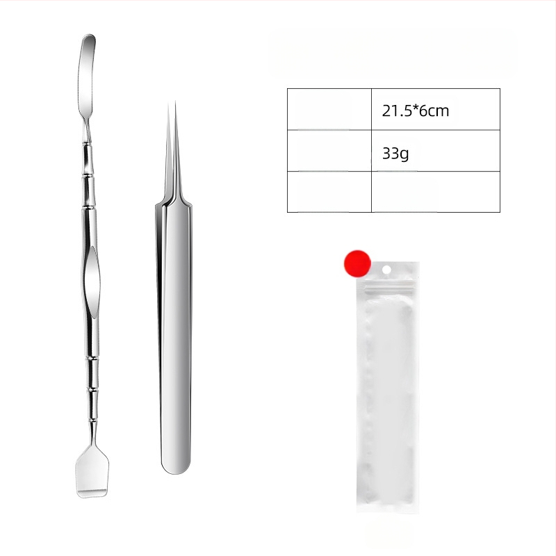 Juodųjų inkštirų valymo įrankis — nerūdijančio plieno; įtrauktas juodųjų inkštirų šepetėlis ir skrobas; svoris 33 g; pakuotė 500 vnt; prekinis ženklas Emperor light