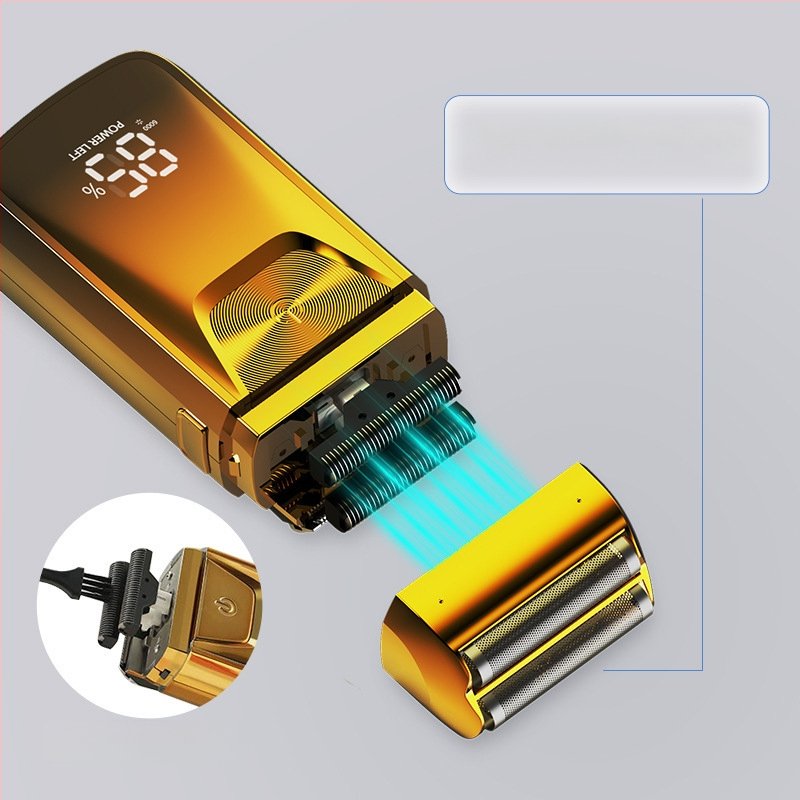 Ηλεκτρικό ξυριστικό με LED οθόνη, επαναλαμβανόμενη κεφαλή δύο λεπίδων, αιωρούμενη κεφαλή, ενσωματωμένη μπαταρία 500–800 mAh, αποσπώμενο πλενόμενο κεφάλι