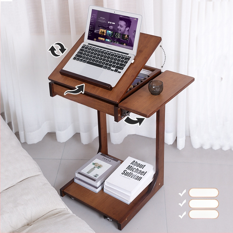 Κινητό πλευρικό τραπεζάκι σε σχήμα C από μπαμπού — Μοντέρνο και μινιμαλιστικό, με ξύλινο σκελετό, επάνω από συμπαγές ξύλο, κατάλληλο για σαλόνι ή υπνοδωμάτιο