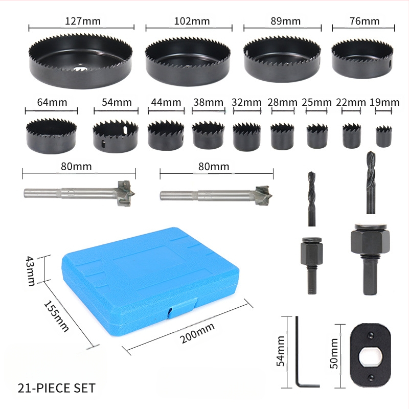 Комплект дупкопробивни дискове за дърво, 21 части, алуминиева сплав, 13 режещи диска, калъф включен